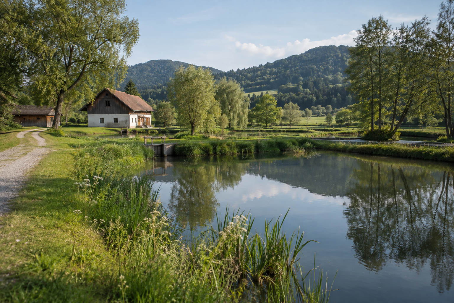 Ländlicher Betrieb mit Teichanlage, Wiesen und Wirtschaftsgebäude